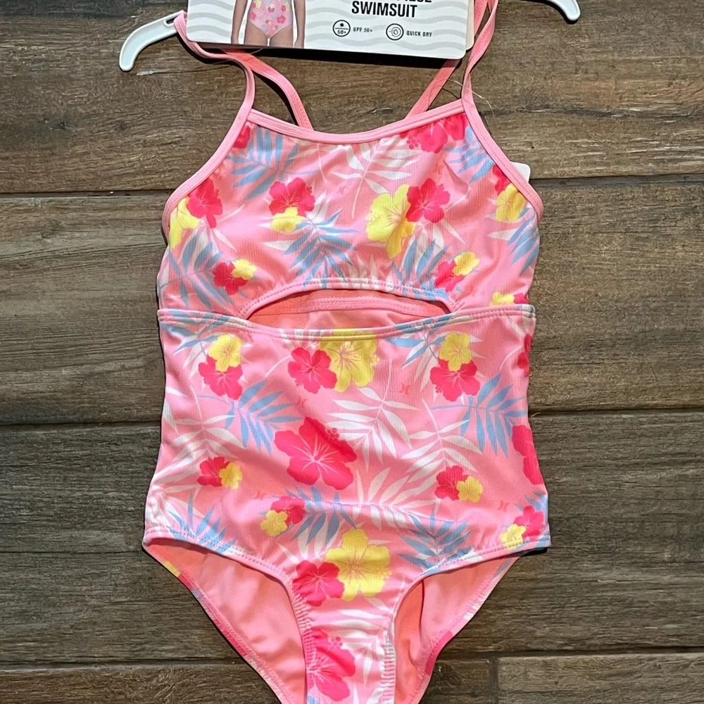 NWT Hurley Kids Pink Floral One Piece Swimsuit Size 5/6 Bright Vibrant Floral